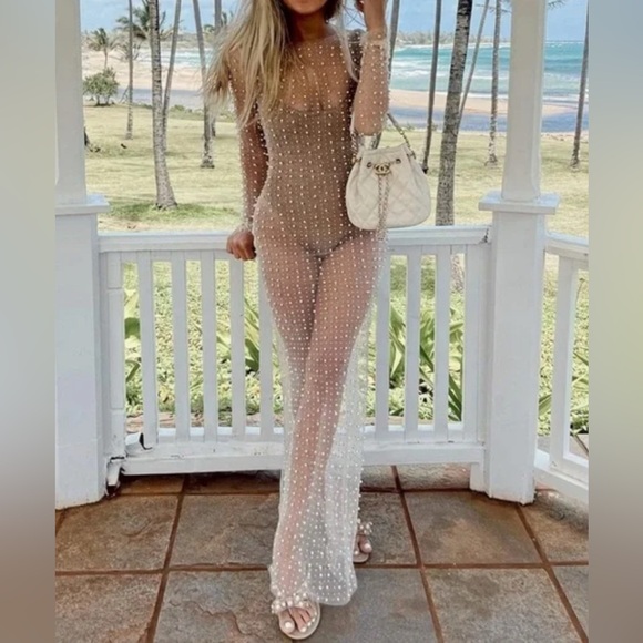 Dresses & Skirts - BRIDAL Pearl Crystal Sheer Cover Up Long Sleeve Maxi Dress S